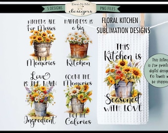 Rustic Flowers in Buckets Kitchen Towel Sublimation Bundle -  Kitchen Towel Sublimation Designs - Rustic Country Floral Kitchen Designs