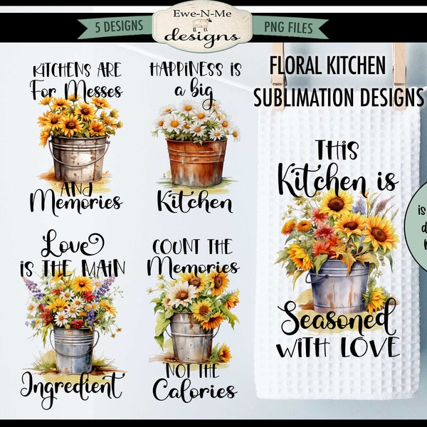 Rustic Flowers in Buckets Kitchen Towel Sublimation Bundle -  Kitchen Towel Sublimation Designs - Rustic Country Floral Kitchen Designs