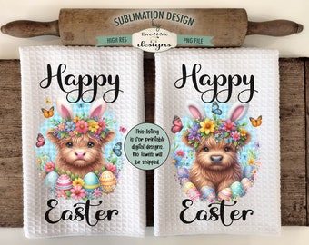 Highland Easter Cows Sublimation Design for Kitchen Towels -  Happy Easter - Easter Highland Cow with Bunny Ears Towel Designs