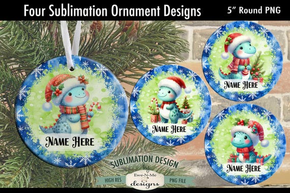 Cute Dinosaurs with Snowflakes Ornament Designs PNG Files | Four Dino Ornament Designs with Blue Snowflake Border