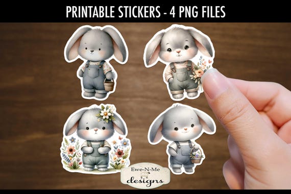 Spring Flop Ear Easter Bunny Printable Stickers | 4 Cute Spring Bunnies PNG Stickers | Print Cut Rabbit Stickers | Easter Spring Stickers