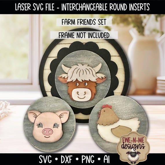 Farm Animal Insert Set SVG - Interchangeable Round Frame Add-On - Pig Cow Chicken Laser Cut File