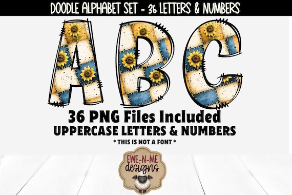 Sunflower Patchwork Alphabet & Numbers - Doodle PNG Files for Sublimation - Quilted Blue Gold Letters and Numbers