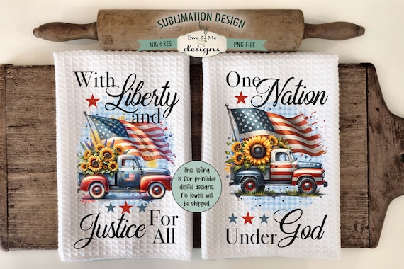 Patriotic Truck with Sunflowers Sublimation Design for Kitchen Towels -  July 4th Kitchen Towel Designs - Red White Blue Towel PNG Designs