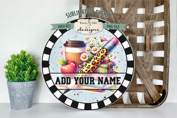 Leopard Print Pencil Teacher Round PNG Sublimation Design | Door Hanger Round | Teacher Appreciation Wreath Sign Printable