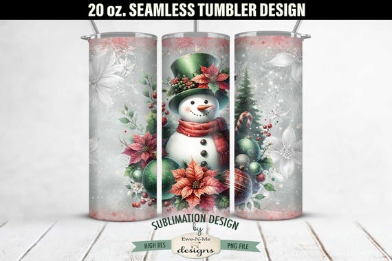 Vintage Snowman SEAMLESS 20 oz. Christmas Tumbler Sublimation Design | Vintage Green and Pink Christmas Snowman Tumbler Design
