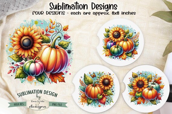Colored Pumpkin Designs - Colorful Pumpkins and  Sunflowers Designs - Fall Pumpkin Designs - Four PNG Designs for Autumn
