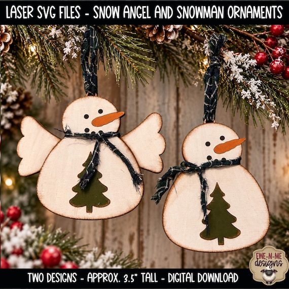 Snowman and Snow Angel Ornaments with Trees – Laser Ready SVG File Set