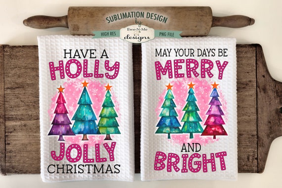 Bright Colored Christmas Trees Kitchen Towel Sublimation Design -  Holly Jolly - Merry & Bright Towel Designs - Pink Christmas Towel Design