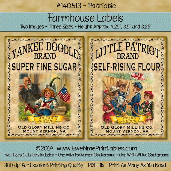 Patriotic Labels -  Little Patriot Flour or Yankee Doodle Sugar Printable Farmhouse Labels - Rustic Primitive Style Digital PDF or JPG File