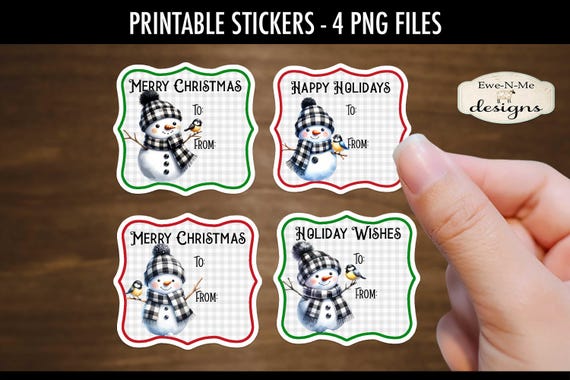 Buffalo Plaid Snowmen Printable Gift Tag Stickers | 4 Snowman PNG Stickers | Print and Cut Snowman Gift Tag Stickers