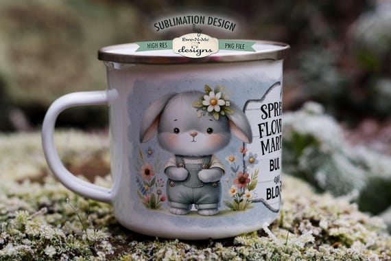 Spring Flower Market Bunny in Overalls  Sublimation Design - Spring Mug Designs - Printable 11 oz. and 15 oz. Mug Sublimation Wrap PNG