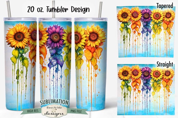 Dripping Watercolor Sunflower Tumbler Design | Watercolor Rainbow Sunflowers Dripping Tumbler Wrap | Colorful Dripping Sunflower Tumbler PNG