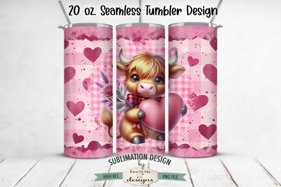 Pink Valentine Highland Cow Sublimation Tumbler Wrap Design  - SEAMLESS Highland Cow Sublimation 20 oz. Tumbler Wrap Straight Design