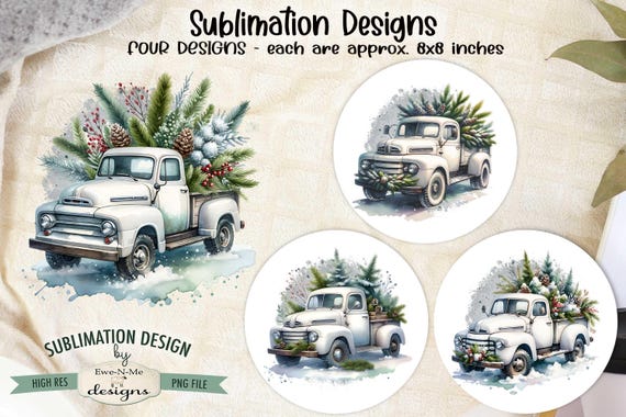 Rustic White Truck Designs - Winter Holiday Sublimation Designs - Christmas Truck Designs - Four PNG Designs for Winter Holidays