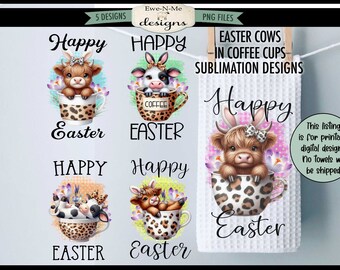 Easter Cow Sublimation Designs: Leopard Mugs Kitchen Towel Bundle (PNG Digital Download)