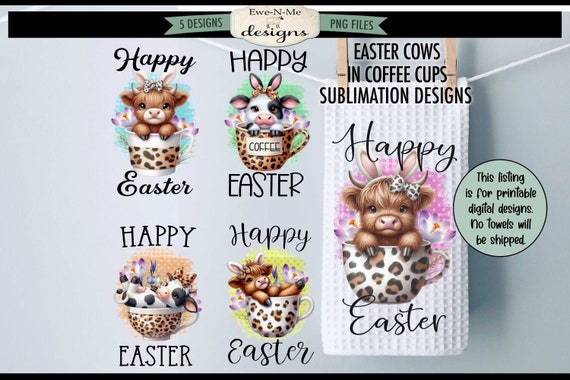 Easter Cows in Leopard Mugs Kitchen Towel Sublimation Bundle -  Happy Easter Highland Cow Sublimation Designs - Easter Cow Kitchen Designs