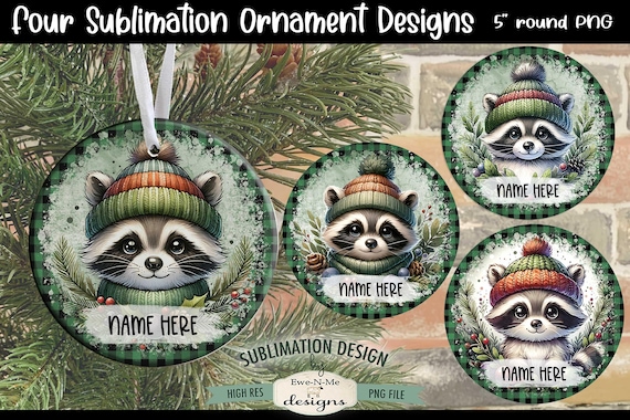 Cute Winter Raccoons Ornament Designs PNG Files | Four Raccoons with Hats Ornament Designs with Green Buffalo Plaid Border