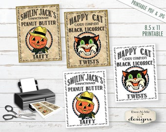 Étiquettes imprimables pour bonbons d'Halloween : étiquettes de style vintage (fichier PDF ou JPG)