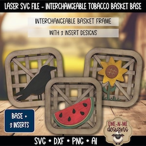 May include: A laser SVG file for an interchangeable tobacco basket frame with three insert designs. The wooden frames feature a lattice pattern. The inserts include a black crow, a yellow sunflower, and a red watermelon slice with black seeds.