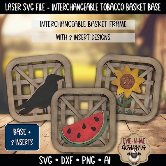 Interchangeable Tobacco Basket Frame with 3 Slide-In Designs - Crow Watermelon Sunflower -  Summer Shelf Sitter Laser Cut File