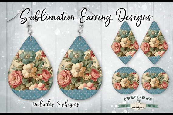 Victorian Blue Floral Sublimation Earring Designs | 3 PNG Shapes | Victorian Floral Valentine Earring Designs