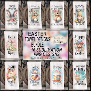 Pu&ograve; includere: Un set di 16 design digitali per asciugamani da cucina pasquali con coniglietti, gnomi, uova e fiori primaverili. Ogni design misura 4,5 pollici per 7,5 pollici ed &egrave; un file PNG.