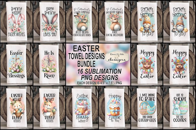 Pu&ograve; includere: Un set di 16 design digitali per asciugamani da cucina pasquali con coniglietti, gnomi, uova e fiori primaverili. Ogni design misura 4,5 pollici per 7,5 pollici ed &egrave; un file PNG.