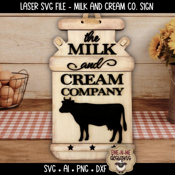 Milk and Cream Company Cow Sign SVG - Milk Can Laser Cut File - Layered Wood Door Hanger Design