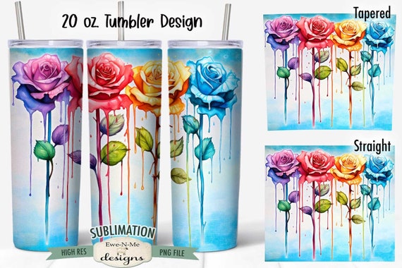 Dripping Watercolor Rose Tumbler Design | Watercolor Rainbow Roses Dripping Tumbler Wrap | Colorful Dripping Rose Tumbler PNG