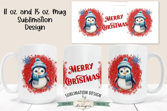 Cute Christmas Penguin Mug Sublimation Design  | Merry Christmas Penguin Mug Design Printable 11 oz. and 15 oz. Mug Sublimation Wrap PNG