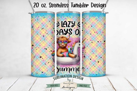 Highland Cow on a Unicorn Floatie  20 oz Seamless Tumbler Sublimation Design - Lazy Days of Summer - Cute Summer Highland Cow