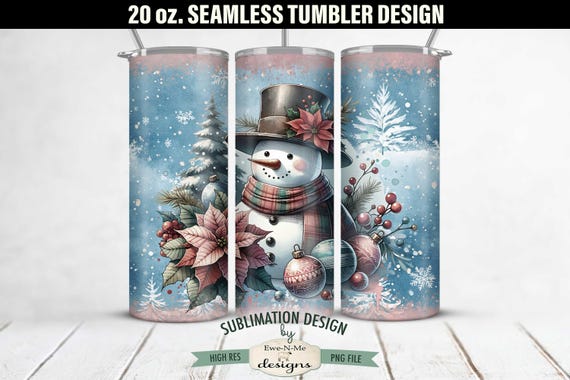 Vintage Snowman SEAMLESS 20 oz. Christmas Tumbler Sublimation Design | Vintage Blue and Pink Christmas Snowman Tumbler Design