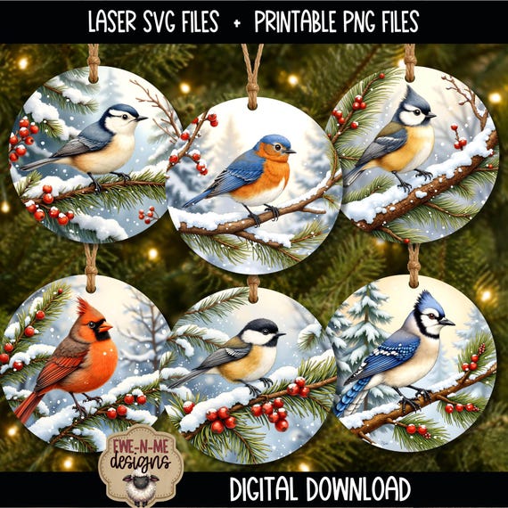 Bird Ornament SVG Bundle, Winter Bird Bundle, Cardinal Blue Jay Chickadee Bluebird Titmouse, Laser Cut Files, Printable Christmas Ornament