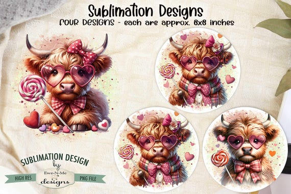 Highland Cows with Candy Designs - Valentine Highland Cow Designs - Valentine Cows - Four PNG Designs for Valentine's Day