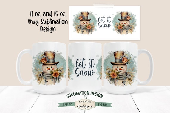 Vintage Snowman Sublimation Design  | Rustic Christmas Mug | Printable 11 oz. and 15 oz. Mug Sublimation Wrap PNG