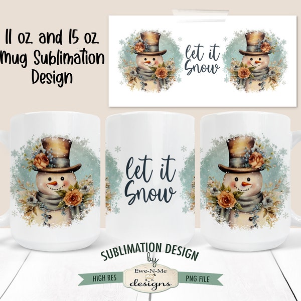 Vintage Snowman Sublimation Design  | Rustic Christmas Mug | Printable 11 oz. and 15 oz. Mug Sublimation Wrap PNG