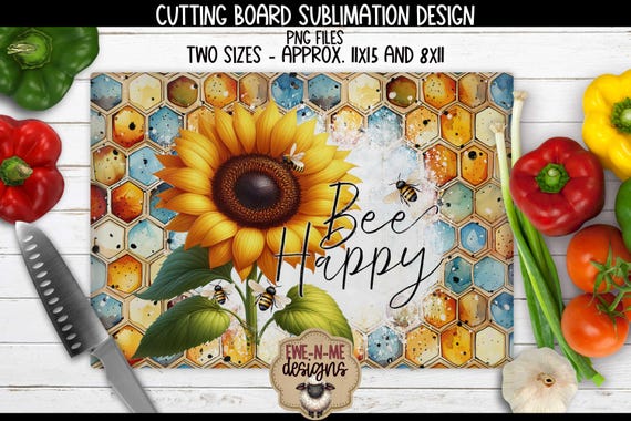 Bee Happy Sunflower Cutting Board Sublimation Design - Bee Honeycomb Sunflower - Rectangle Cutting Board Sublimation Design - PNG Files