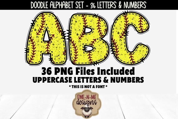Grunge Softball Doodle Alphabet & Numbers | 36 PNG Files | Individual Letters and Numbers in PNG format Softball Letters and Numbers