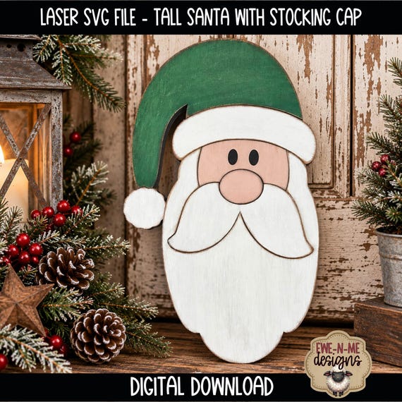 Tall Santa with Stocking Cap SVG, Laser Cut Christmas Santa File, Wood Santa Door Hanger, Wreath Attachment SVG