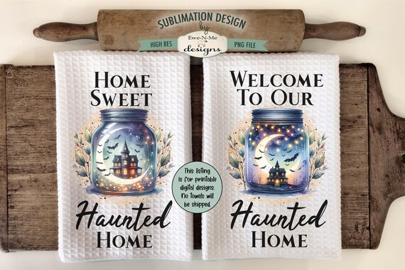 Haunted House Kitchen Towel Sublimation Design - Kitchen Towel Haunted House Jars Sublimation Designs - Halloween Towel Designs