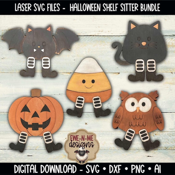 Halloween Shelf Sitter Bundle - Laser SVG Files - Jack O Lantern, Bat, Owl, Black Cat & Candy Corn - Layered Shelf Sitter SVG