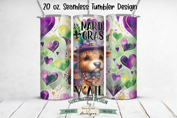 Mardi Gras Highland Cow Sublimation Tumbler Wrap Design - It's Mardi Gras Y'all - SEAMLESS Sublimation 20 oz. Tumbler Wrap Straight Design