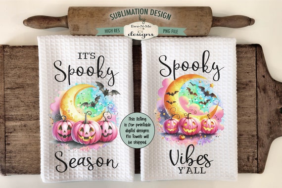 Pink Jack O Lanterns Kitchen Towel Sublimation Design - Kitchen Towel with Pink Pumpkin Sublimation Designs - Spooky Vibes - Spooky Season