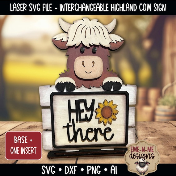 Interchangeable Highland Cow Shelf Sitter Sign - Laser Ready File svg, ai, dxf, png (Digital Download)