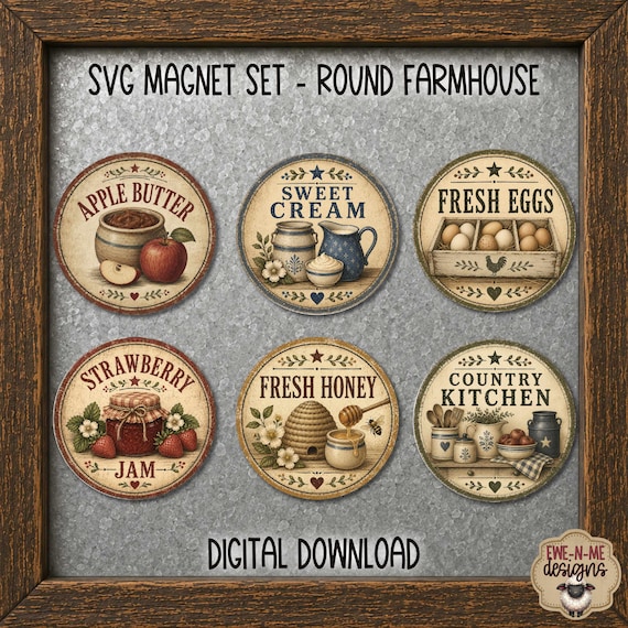Round Farmhouse Magnet SVG Bundle -  Printable Magnet Art, Printable Stickers - Digital Download - Farm Labels SVG
