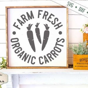 Puede incluir: Un letrero blanco con un marco de madera marr&oacute;n dice "Farm Fresh Organic Carrots" en un c&iacute;rculo con tres siluetas de zanahorias. El letrero est&aacute; en un estante blanco con tres cajas de madera etiquetadas "Perejil", "Salvia" y "Romero".