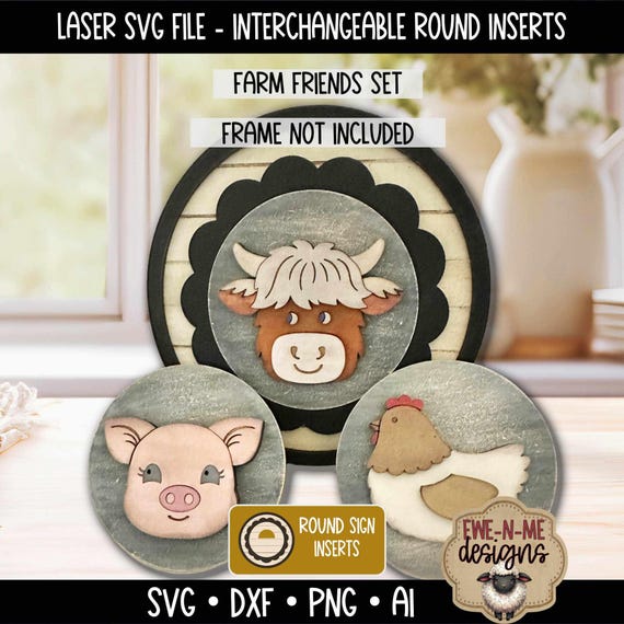 Farm Animal Insert Set SVG - Interchangeable Round Frame Add-On - Pig Cow Chicken Laser Cut File