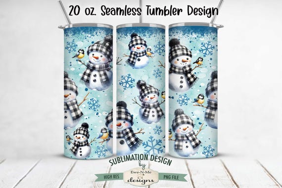 Buffalo Plaid Snowmen 20 oz SEAMLESS Tumbler Sublimation Design - Cute  Snowman with Blue Snowflakes -  Christmas Winter Tumbler Design