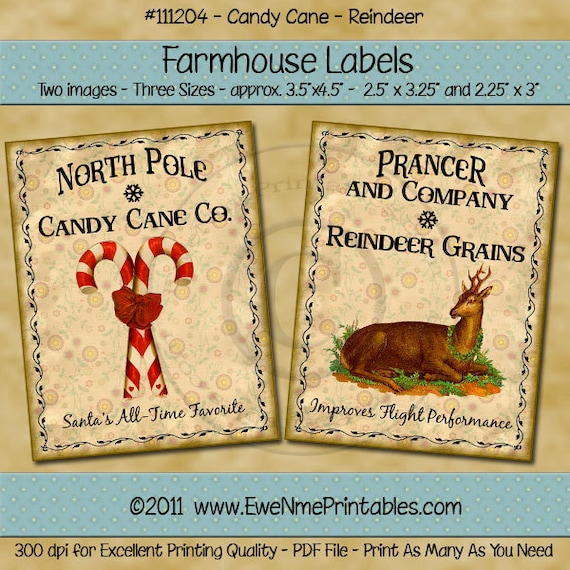 Winter Christmas Primitive Label  - Candy Cane Reindeer Farmhouse Labels - Reindeer Grains Candy Cane Co - Digital PDF or JPG File